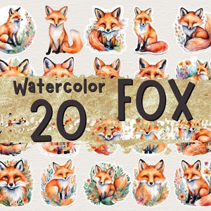 Watercolor Foxes Clipart | Woodland Animal, Nature, Cute, Baby Fox Illustrations, 20 Separate PNG Image, Instant Download for Commercial Use