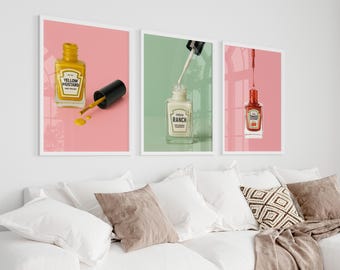 Condiment Nail Polish Wall Art Set | Ketchup, Ranch & Mustard Printable Posters | Funny Pop Art Kitchen Decor | Whimsical Dining Room Prints
