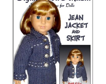 pdf 18 in. doll knitting pattern. Fits American Girl Doll. Jean jacket and Skirt 012