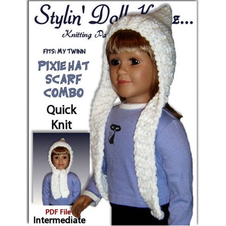 PDF Knitting Pattern, Pixie Hat, Scarf Combo, My Twinn. 23 inch doll 1606 image 1