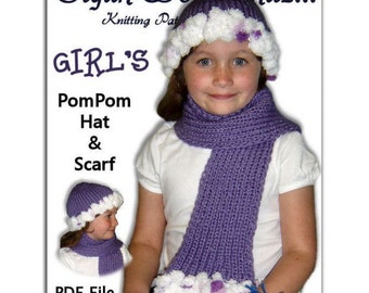 PDF Knitting Pattern, PomPom Hat and Scarf, Girls 4-10  1305 Instant Download