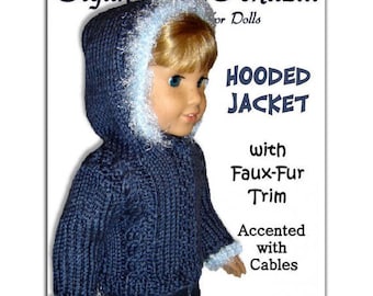 PDF 18 in. doll knitting pattern. Fits American Girl Doll. Hooded Jacket with Faux Fur Trim. 014