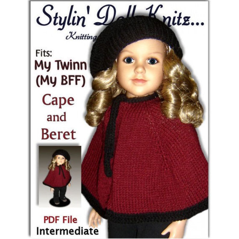 Knitting Pattern fits My Twinn My BFF, 23 inch dolls. Cape and Beret. PDF, Instant Download 618 image 1