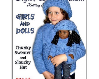PDF Knitting Patterns, matching girls 4-10, and dolls sweaters, fits American Girl, 18" inch, Instant Download