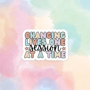 May include: A sticker with a pastel rainbow color scheme and the text "CHANGING LIVES ONE *session* AT A TIME" in black.