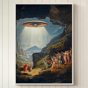 May include: A framed print of a vintage painting depicting a UFO hovering over a group of people. The artwork features a landscape with mountains, a cave, and figures in classical attire, illuminated by a bright light from the spacecraft.