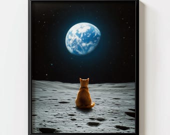 満月の猫のプリント | 宇宙アート | 白い猫 | 宇宙アート | 月の
