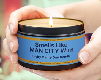 Vela personalizable del Manchester City, vela natural en lata del Manchester City, regalo de cumpleaños personalizado de la Premier League.