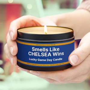 Vela personalizable del Chelsea, vela natural en lata del Chelsea FC, regalo personalizado de la Premier League Soccer para él o ella.