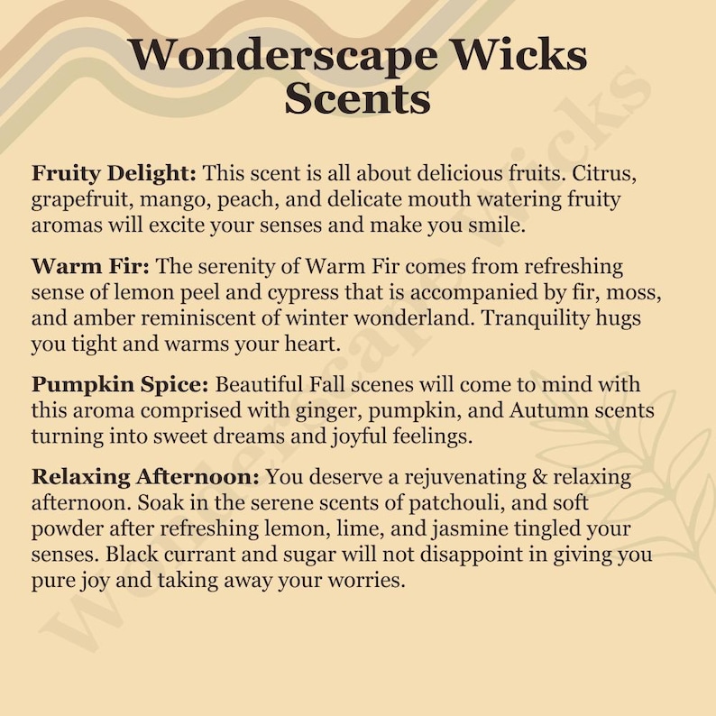 Wonderscape Wicks premium scented tin candles scent profiles including Fruity Delight (grapefruit, peach, mango, citrus), Warm Fir (lemon peel, cypress, fir, moss, amber), Pumpkin Spice (ginger, pumpkin, Autumn scents), and Relaxing Afternoon (patchouli, soft powder, jasmine, lemon, lime, black currant, sugar)