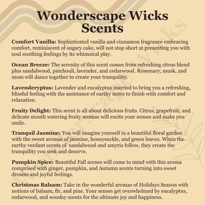 Wonderscape Wicks premium scented candles. Scent profiles for Comfort Vanilla (vanilla, cinnamon), Ocean Breeze (citrus, sandalwood, patchouli, lavender, cedarwood), Levenderyptus (lavender, eucalyptus), Fruity Delight (citrus, grapefruit), Pumpkin Spice (pumpkin, ginger), Christmas Balsam (fir, pine), and Tranquil Jasmine (jasmine, golden honeysuckle, sandalwood, amyris)