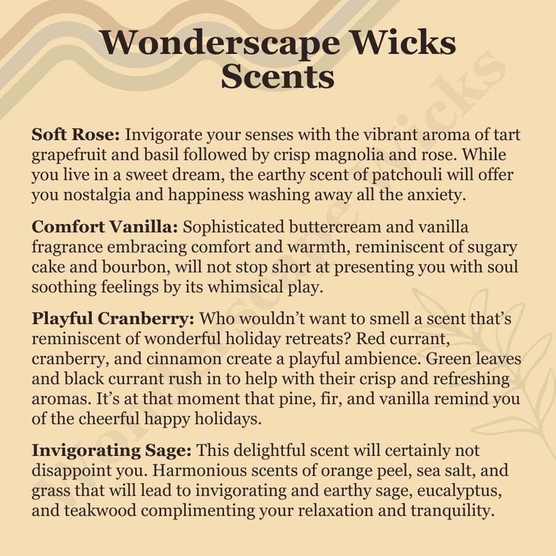 Wonderscape Wicks premium scented tin candles scent profiles including Soft Rose (grapefruit, basil, magnolia, rose, patchouli), Comfort Vanilla (vanilla, buttercream), Playful Cranberry (red currant, cranberry, cinnamon, green leaves, black currant, pine, fir, vanilla), and Invigorating Sage (orange peel, sea salt, grass, sage, eucalyptus, teakwood)