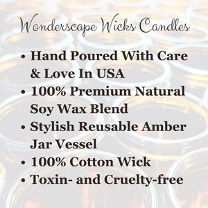 Wonderscape Wicks candle shop on Etsy presenting features of premium natural soy wax scented candles: hand poured in USA; stylish reusable amber vessel; 100% cotton wick; toxin-free; eco-friendly; cruelty-free