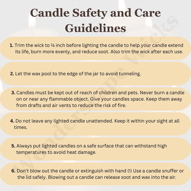 Wonderscape Wicks candle shop on Etsy presenting candle safety and care guidelines
