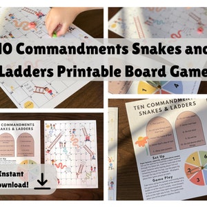 May include: Printable board game featuring a colourful game board with snakes and ladders, a spinner, and a set of instructions. The game is based on the Ten Commandments. The game is titled "Ten Commandments Snakes and Ladders Printable Board Game".