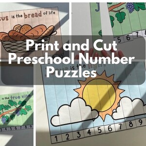 Könnte beinhalten: Ein Satz druckbarer Vorschul-Zahlenpuzzles mit religiösen Motiven. Die Puzzles enthalten Bilder von Brot, Trauben, einer Rebe und einer Sonne. Jedes Puzzle besteht aus 10 Teilen mit den Zahlen 1 bis 10 darauf gedruckt. Der Text "Jesus ist das Brot des Lebens", "Jesus ist der wahre Weinstock" und "Jesus ist das Licht" ist in den Bildern enthalten.