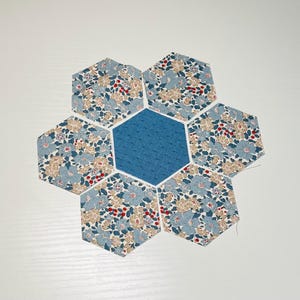 May include: A handmade floral fabric coaster in a flower shape. The coaster features a blue center and six surrounding hexagonal petals with a blue floral pattern, beige accents, and red berries. The coaster is likely used for home decor.
