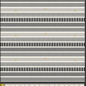 May include: Black and white geometric pattern with gold accents. The pattern features rows of small black squares, circles, and triangles. The pattern is repeated across the fabric.