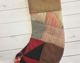 Christmas Stocking-Made with Vintage Quilt Top-Burlap-Ready to Ship