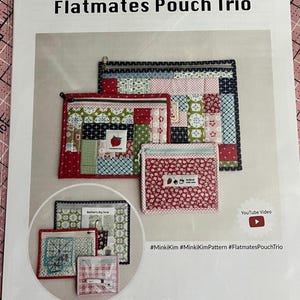 May include: A printed paper featuring a "Flatmates Pouch Trio" pattern. The image showcases three quilted pouches in various sizes and patterns, including red, green, and blue fabrics. The text includes "Minki Kim" and a website address.