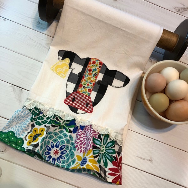 Free Shipping-Ready to Ship- Handmade Tea Towel-kitchen-cow -applique-embroidery- Mothers Day-farm life-