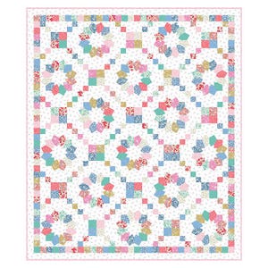 May include: A patchwork quilt with a white background and a repeating pattern of colorful squares and floral designs. The quilt features a pink border and a variety of pastel colors, including pink, blue, green, and yellow. The quilt is likely handmade.