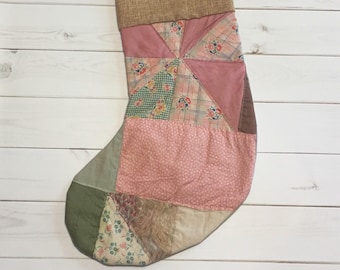 Christmas Stocking-Made with Vintage Quilt Top-Burlap-Ready to Ship