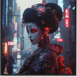 Könnte beinhalten: Eine Cyberpunk-Geisha mit rot leuchtenden Augen und komplizierten mechanischen Details an ihren Haaren und ihrem Hals, die in einer neonbeleuchteten Stadtstraße steht.
