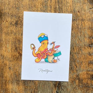 Punimals Rocktopus Postkarte | Rockender Oktopus | Lustige Tier Aquarell Kunst | Geschenk Grußkarte für Musik Guns n Roses Fans
