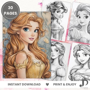 Op de afbeelding: Een zwart-wit kleurboek met een prinses met lang, golvend haar. Het boek heeft 30 pagina's en bevat de tekst "Direct downloaden" en "Print & Enjoy".