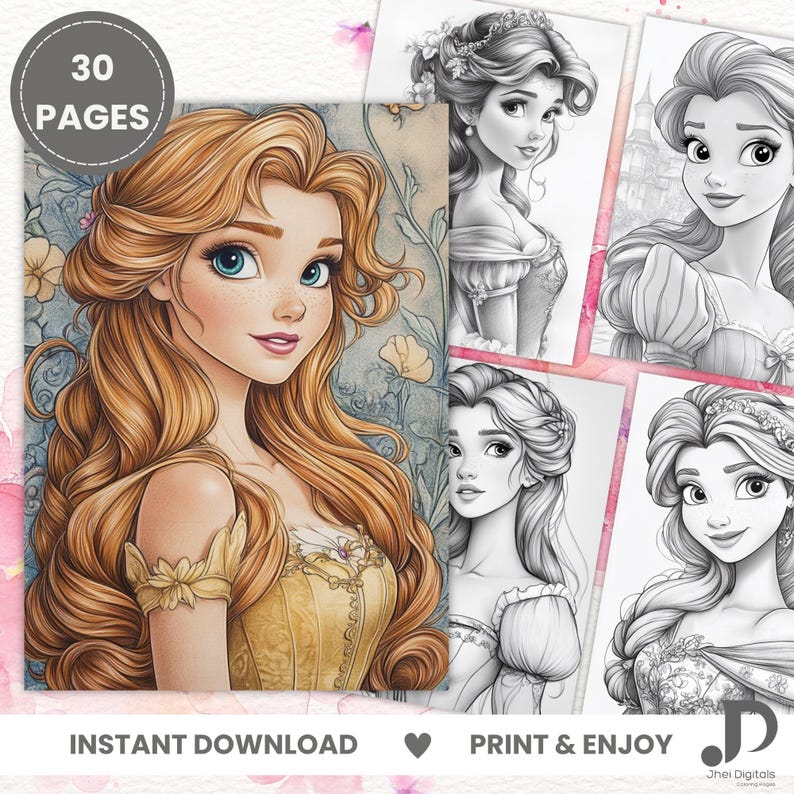 Op de afbeelding: Een zwart-wit kleurboek met een prinses met lang, golvend haar. Het boek heeft 30 pagina's en bevat de tekst "Direct downloaden" en "Print & Enjoy".