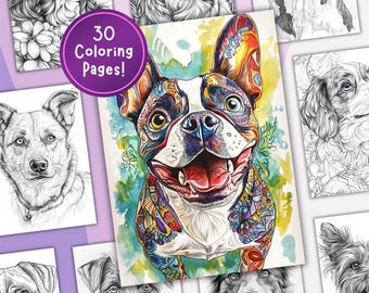 Cute Dog Coloring Page, Digital Download, Printable Sheet, Stress Relief for Teens and Adults