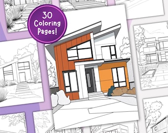 Modern House Coloring Page, Digital Download, Printable Sheet, Stress Relief for Teens and Adults
