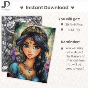 Op de afbeelding: Een digitale illustratie van een vrouw met lang donker haar, gekleed in een blauwe en gouden outfit en een kroon. De afbeelding is een kleurplaat met een herinnering dat het product alleen een digitale download is.