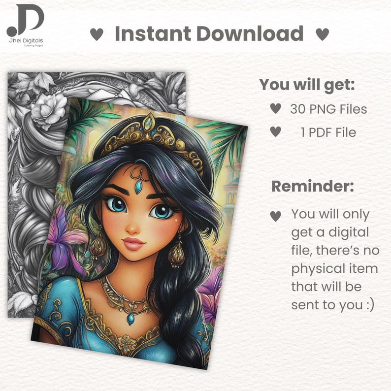 Op de afbeelding: Een digitale illustratie van een vrouw met lang donker haar, gekleed in een blauwe en gouden outfit en een kroon. De afbeelding is een kleurplaat met een herinnering dat het product alleen een digitale download is.