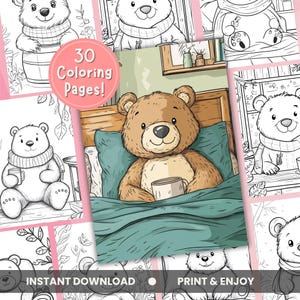 Cozy Bear Coloring Pages – Adorable Coloring Pages, Printable Coloring Sheet, Instant Download