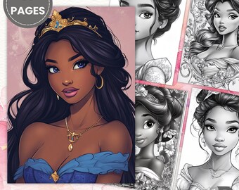 Black Princess Coloring Page – Digital Product, Grayscale Coloring, Printable Sheet