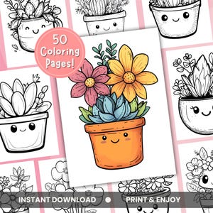 Può includere: 50 pagine da colorare con graziose piante in vaso con facce sorridenti. Le piante sono disegnate in stile lineare in bianco e nero, pronte per essere colorate. Le pagine sono perfette per adulti e bambini che amano colorare.