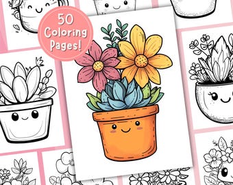 Cute Flower Pot Coloring Page, Digital Download, Printable Coloring Sheets, Stress Relief for Kids and Adults
