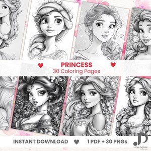 Op de afbeelding: Een set van 30 printbare kleurplaten met prinsessen met ingewikkelde details. De pagina's zijn zwart-wit en klaar om in te kleuren. De tekst op de afbeelding luidt "Princess 30 Coloring Pages" en "Instant Download 1 PDF + 30 PNGs".