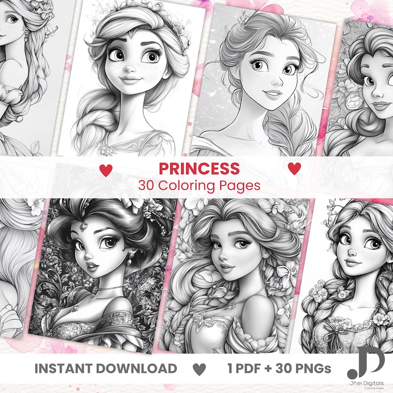 Op de afbeelding: Een set van 30 printbare kleurplaten met prinsessen met ingewikkelde details. De pagina's zijn zwart-wit en klaar om in te kleuren. De tekst op de afbeelding luidt "Princess 30 Coloring Pages" en "Instant Download 1 PDF + 30 PNGs".