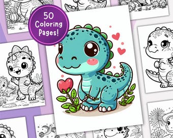 Cute Dinosaur Coloring Book Page, Digital Download, Stress Relief for Kids and Adults