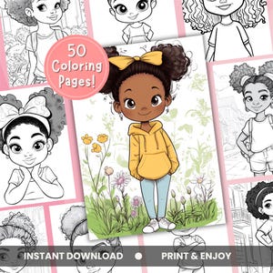 Little Black Girl Coloring Page, Digital Download, Printable Coloring Sheets, Stress Relief for Kids and Adults