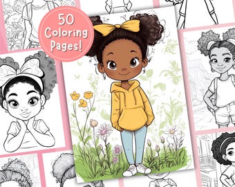 Little Black Girl Coloring Page, Digital Download, Printable Coloring Sheets, Stress Relief for Kids and Adults