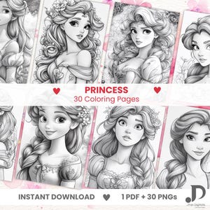 Op de afbeelding: Een set van 30 printbare kleurplaten met zwart-wit illustraties van prinsessen met lang, golvend haar en ingewikkelde details. De titel "Princess 30 Coloring Pages" wordt bovenaan de afbeelding weergegeven. De tekst "Instant Download 1 PDF + 30 PNGs" wordt onderaan de afbeelding weergegeven.