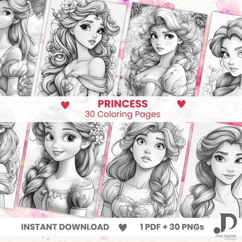 Op de afbeelding: Een set van 30 printbare kleurplaten met zwart-wit illustraties van prinsessen met lang, golvend haar en ingewikkelde details. De titel "Princess 30 Coloring Pages" wordt bovenaan de afbeelding weergegeven. De tekst "Instant Download 1 PDF + 30 PNGs" wordt onderaan de afbeelding weergegeven.