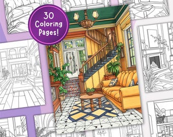 House Interior Coloring Page, Digital Download, Printable Sheet, Stress Relief for Teens and Adults