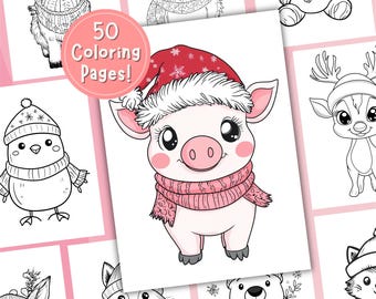 Christmas Kawaii Animal Coloring Page, Digital Download, Printable Coloring Sheets, Stress Relief for Kids and Adults