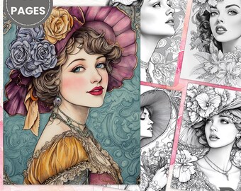 Vintage Coloring, Lovely Woman - Coloring Page for Adults, Printable, Instant Download, Digital Product