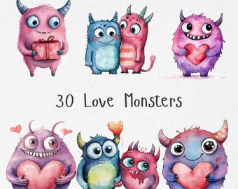 Love Monsters Clipart Bundle, Cute Monster Valentine PNG, Adorable Valentine Monsters, Valentine Digital Clipart